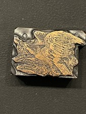 Antique Letterpress Printing Block Patriotic Eagle “A Good Family Medicine” 1.5”