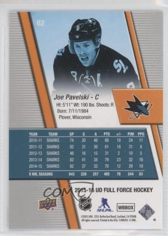 2015-16 Upper Deck Full Force Joe Pavelski #62 - Image 2 of 2
