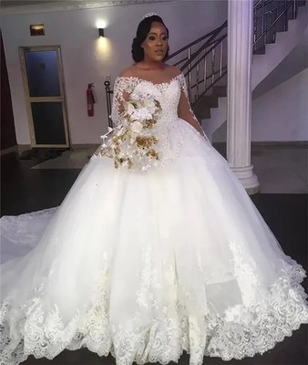 Elegant Lace Applique Wedding Dresses Long Sleeves Beaded Lace Up Gowns  Train | eBay