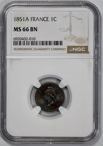 1851-A France 1C Centime NGC MS 66 BN Brown Aqua Toning