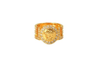 Versace Gold Color Metal Medusa Head Logo Strass Statement Ring Italy Sz 21