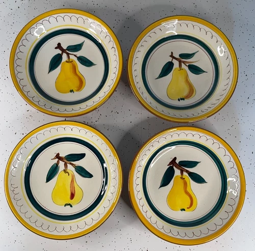 (4) Stangl Pottery 7 5/8" Pear Coupe Soup Bowls ~ Fruit Yellow Rim Handpainted