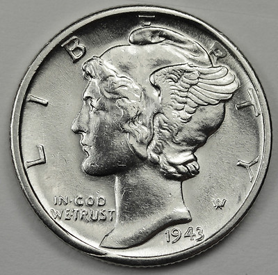 1943-d Mercury Head Dime. 100% Full Separated Horizontal Bands. BU (Inventory F)