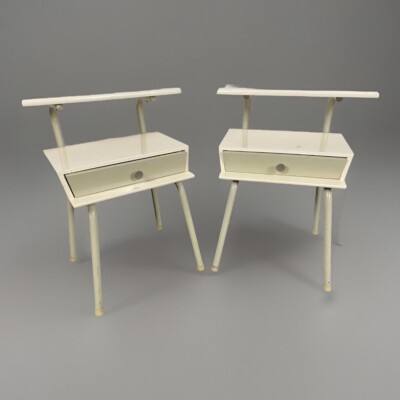 2x Vintage Nachttische 50er 60er Jahre Mid Century Metall Weiß Retro Paar Set