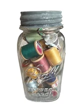Vintage Ball Perfect Mason Jar With Zinc Metal  Lid and Colorful Thread Spools