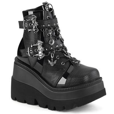Black Chunky Wedge Platform Sneaker Goth Core Vampire Bats Ankle