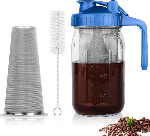 Cold Brew Coffee Maker,32oz Mason Jar Pitcher for iced coffee Tea Lemonade Blue