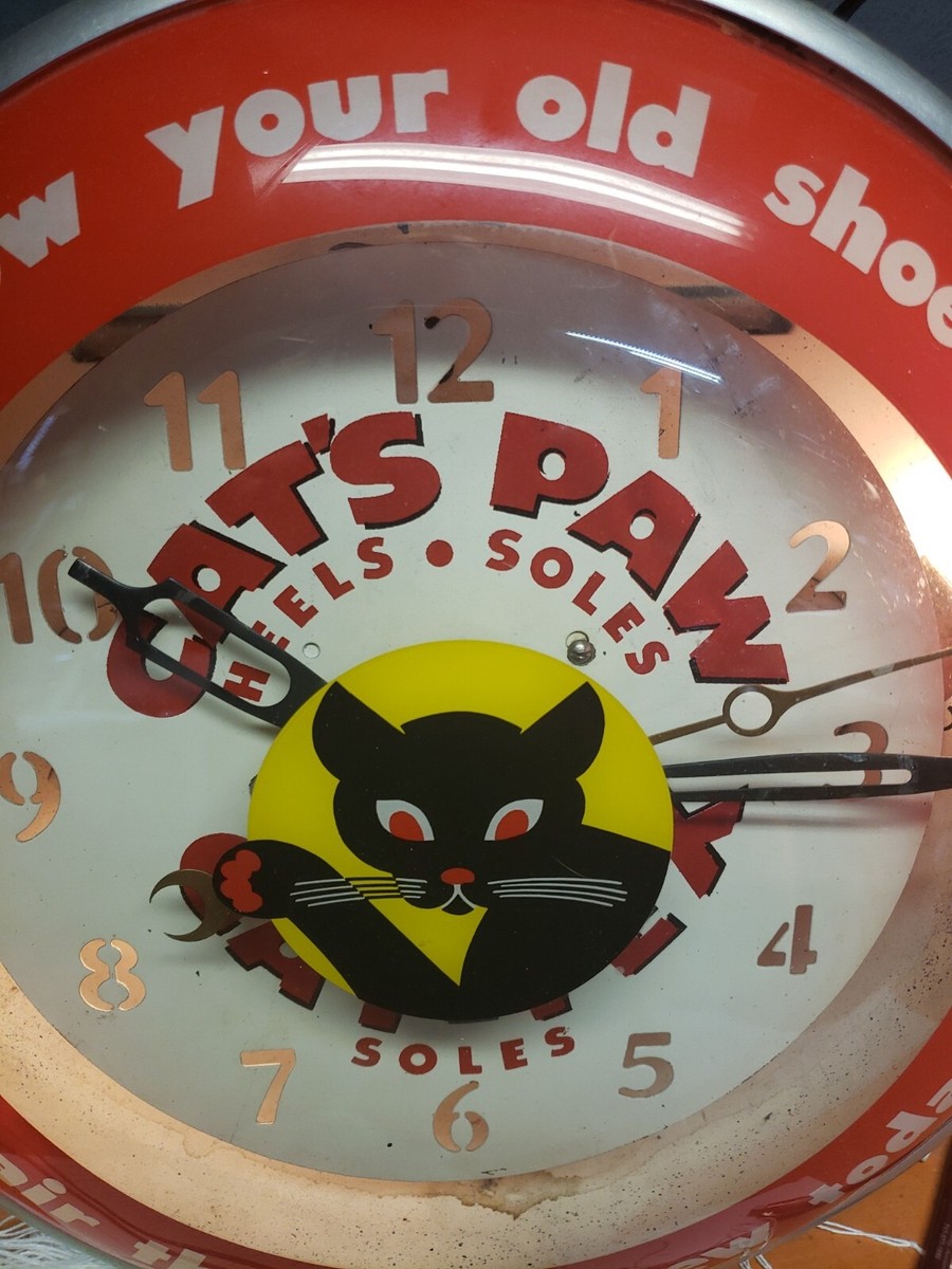 1940's RARE Cats Paw Cat-Tex Soles Lighted Advertising Clock