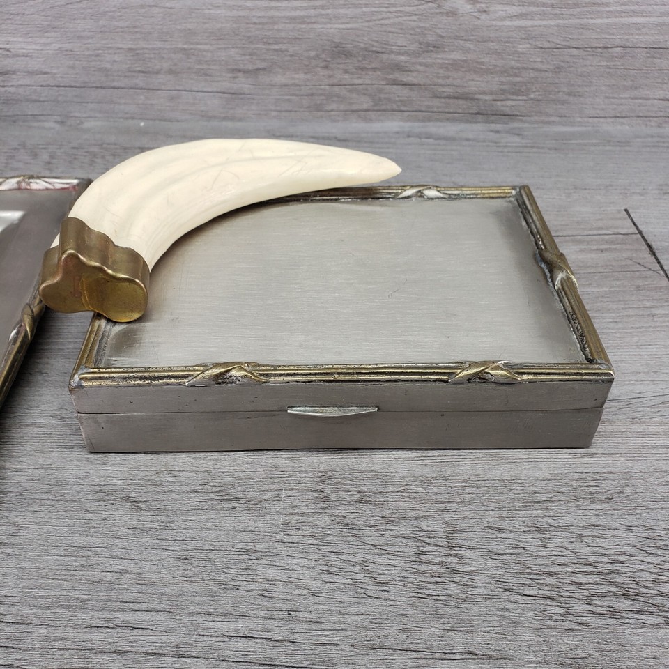 Pewter Jewelry Box &Tray Faux Tusk Horn MCM Hollywood Regency Dresser
