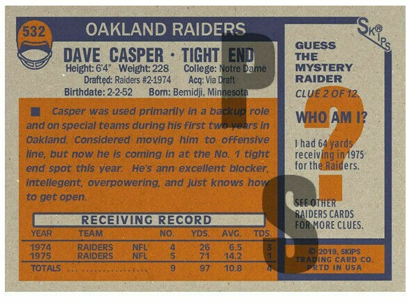 1976 STCC #532 Dave Casper Topps Oakland Raiders Los Angeles HOF