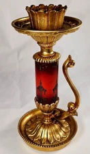 VTG Villy Ornate Cast Metal Candle Holder Stick Footed & Handle USA Red Accent