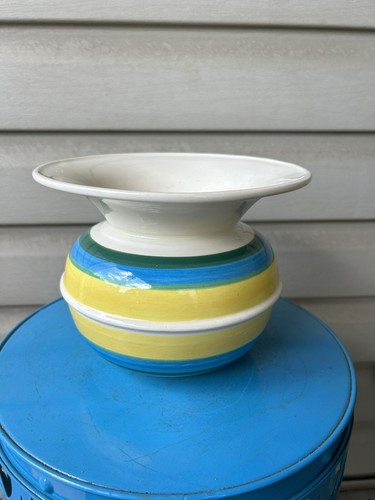 Vintage Blue Yellow Striped Spittoon Style Ceramic Vase 6x8 Retro