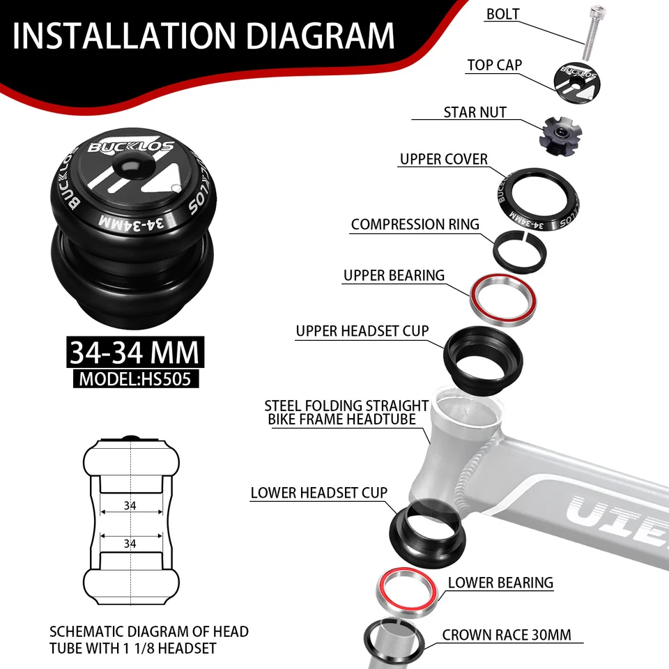 34mm 1-1/8" Threadless MTB Road Bike Bicycle Sealed External Bearing Headset Set - Image 4 of 4