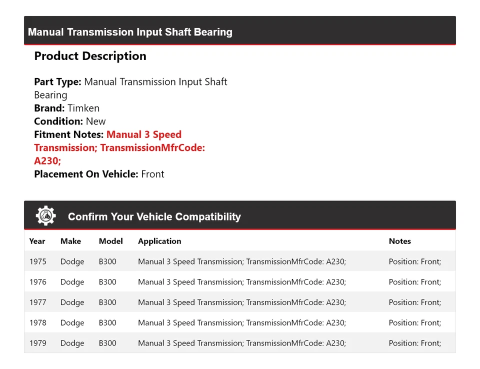 适用于 1975 - 1979 道奇 B300 手动变速器输入轴轴承前铁姆肯公司 — 第 2/4 张图片