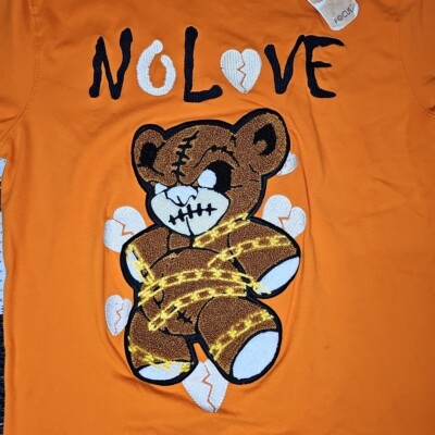 FOCUS Quality Wear NO LOVE Mens Small T Shirt Orange EMBROIDERED BEAR  Streetwear