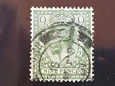 GB 1924 SG427 KING GEORGE V 9D NINE PENCE OLIVE GREEN BLOCK CYPHER WMK USED KGV