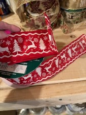 Kirkland Signature Wire-Edged Ribbon Red With White Reindeer  Trees-Unopen 50yd