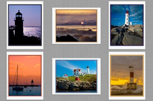 6 tarjetas fotográficas de felicitación con notas artísticas en blanco de faro de Maine Oregon Michigan - Imagen 1 de 7