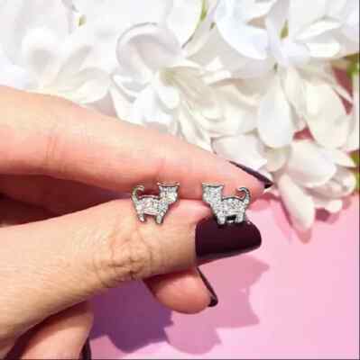 1Ct Lab Created Diamond Micro Pave Cat Stud Earrings 14K White Gold Finish