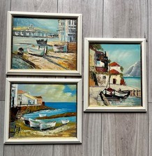 3x Vintage Ölbild "Schiffe am Meer / Hafen / See" H/B: 23 x 27,5 cm