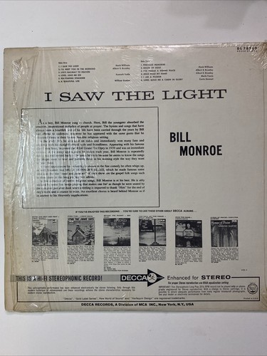 Bill Monroe I Saw The Light Vinyl Record - Picture 2 of 4