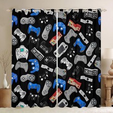 Gamer Curtains for Boys Room,Blue Black Video Gamer for Boys Teen Bedroom Win...