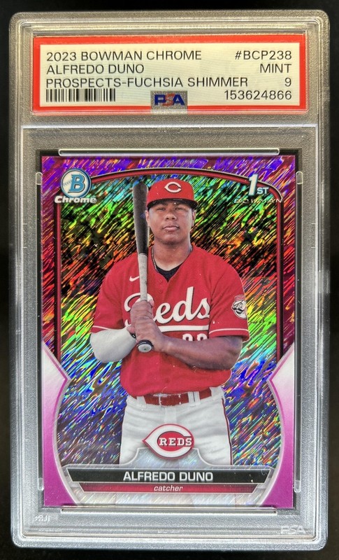 2023 Bowman Chrome Alfredo Duno Fuchsia Shimmer Refractor 1st #/199 Reds PSA 9