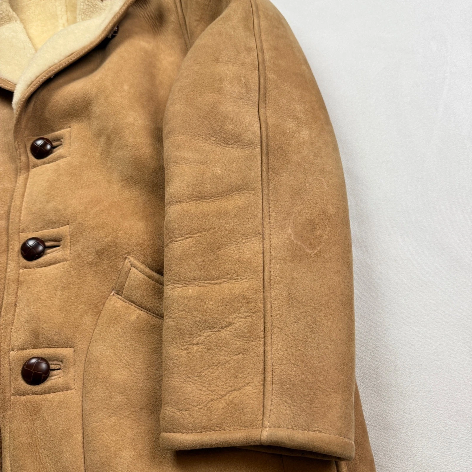 Vintage 70s Norm Thompson Mens 40 Shearling Sheepskin Coat Tan Suede Jacket - product detail image 9