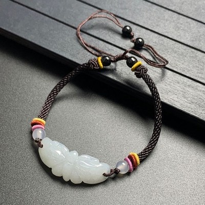 Natürliches Grade A Jadeit Schmetterling Jade Armband Kaffee geflochten verstellbar Armband