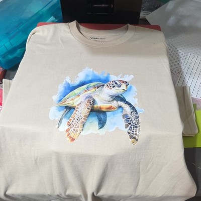 Apopka Teez Beige Cotton Sea Turtle Graphic Short Sleeve T-Shirt L