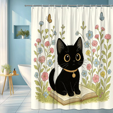 Cute Black Cat Floral Shower Curtain for Kids Room