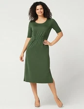 H by Halston Cypress Green Ruched Waist Knit Travel Work Midi Dress XS New
