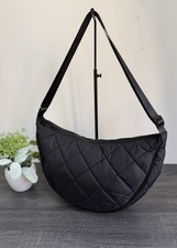 Black Quilted Crossbody Bag – Half-Moon Shoulder Bag for Women, Adjustable Strap