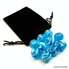 10 x Glass Marbles 16mm Small Clear Azure Blue Swirl in Gift Bag Present