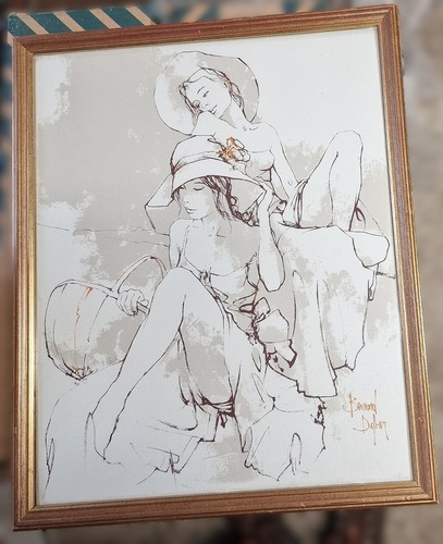 Vintage Mid Century Bernard Dufour Signed Screenprint Canvas Deux Jeunes Filles