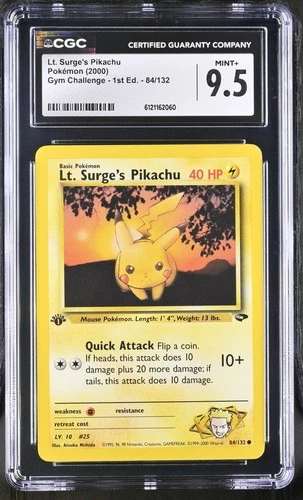 CGC 9.5 MINT+ Lt. Surge's Pikachu Gym Challenge 1st Edition 84/132 Pokemon Card