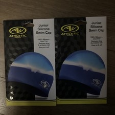 Lot of 2 Athletic Works Junior 100 Silicone Swim Cap Blue and White