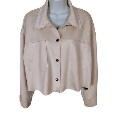 Moa Moa Womens Cream Faux Suede Cropped Shacket Jacket  Large