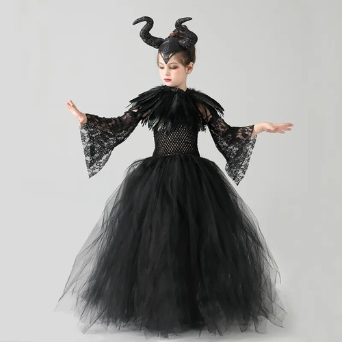 Girls Maleficent Costume Dress – Black Tulle Mesh Gown with Horns & Lace Sleeves - 第 2/7 張圖片