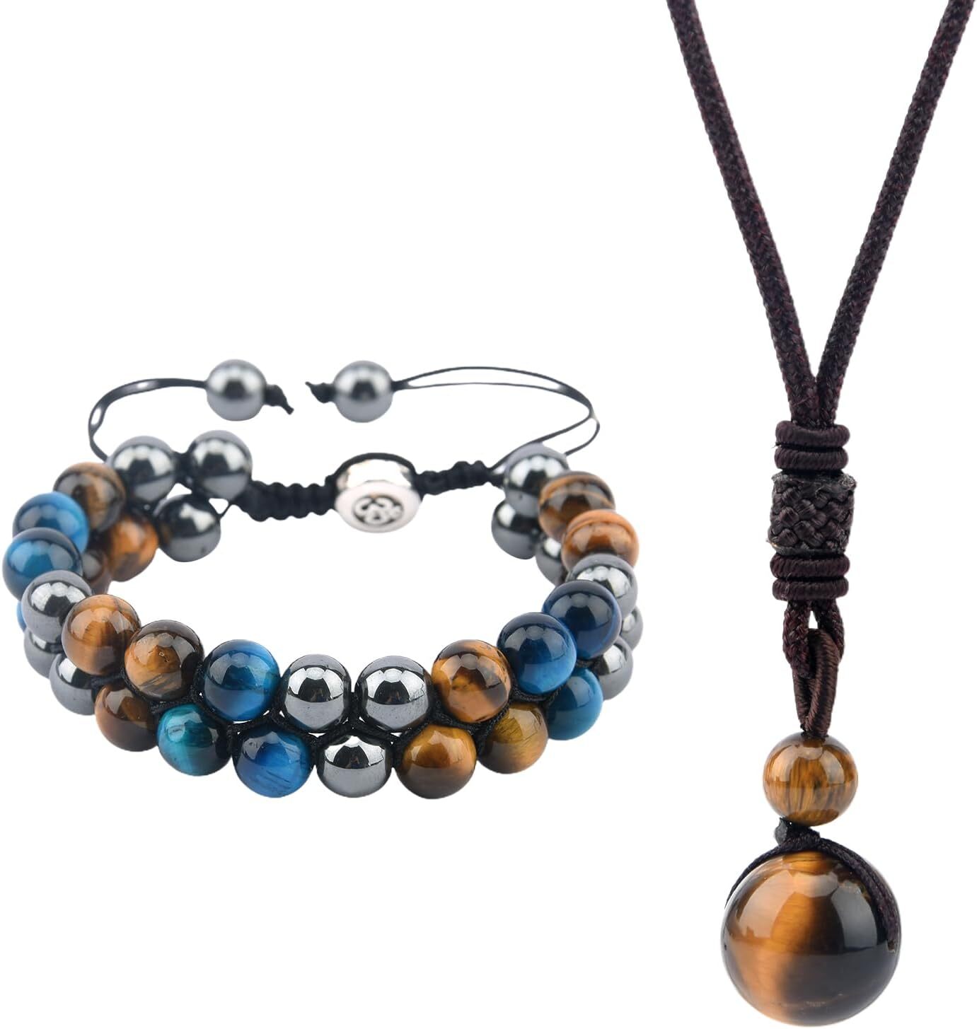 Triple Protection Bracelet and Tigers Eye Necklace with Vintage Jewelry Box, 8mm