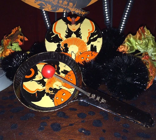 1930s Art Deco T Cohn Tin Pan Clanger & Ratchet, Pretty Witch, Fairys Black Cats