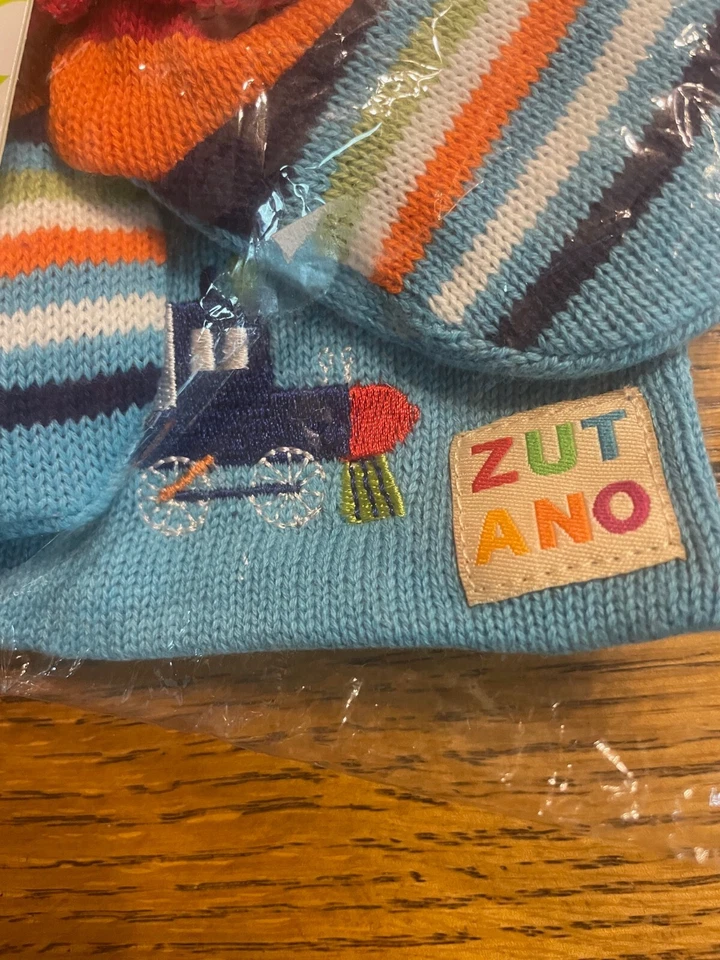 Botines de bebé Zutano tejidos a rayas con bolso de cordón azul tejido tren 0-9 meses NUEVO Foto 3 de 4