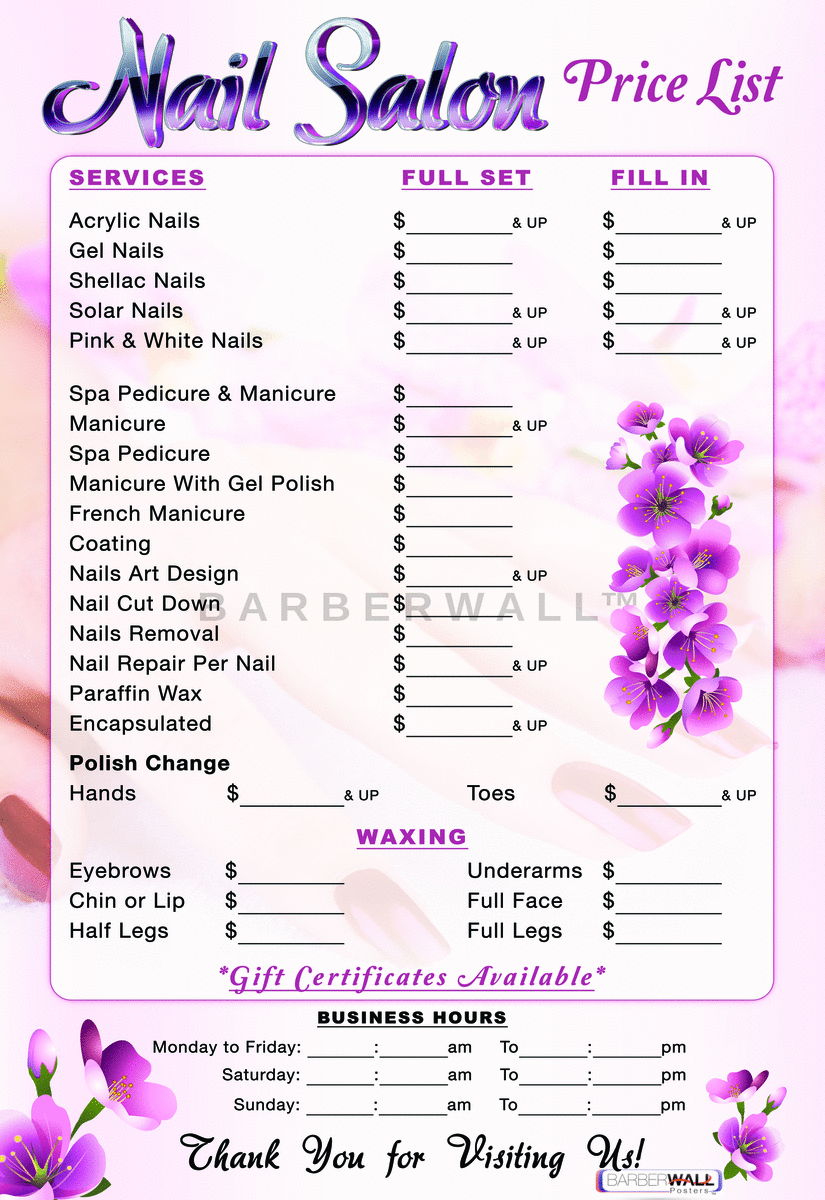 Nail Salon Price List,Nail Salon Poster by Barberwall®,Laminated, You ...