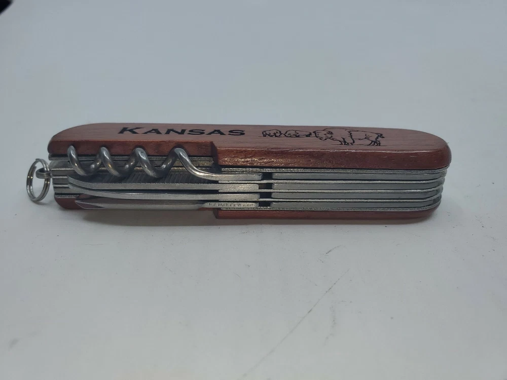 Multi-tool Pocket Knife Arthur Kansas Buffalo Engraved  On Wood  Handle