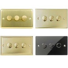 Volex Crabtree Brass Gold 3 Gang Metal Dimmer Light Switches Round Push Toggle