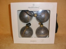 Box of 4 Magnolia Hearth  Hand Metal Black  Silver Christmas Ornaments w/ Gold