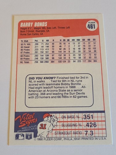 1990 Fleer Barry Bonds #461 Pittsburgh Pirates - Picture 2 of 2