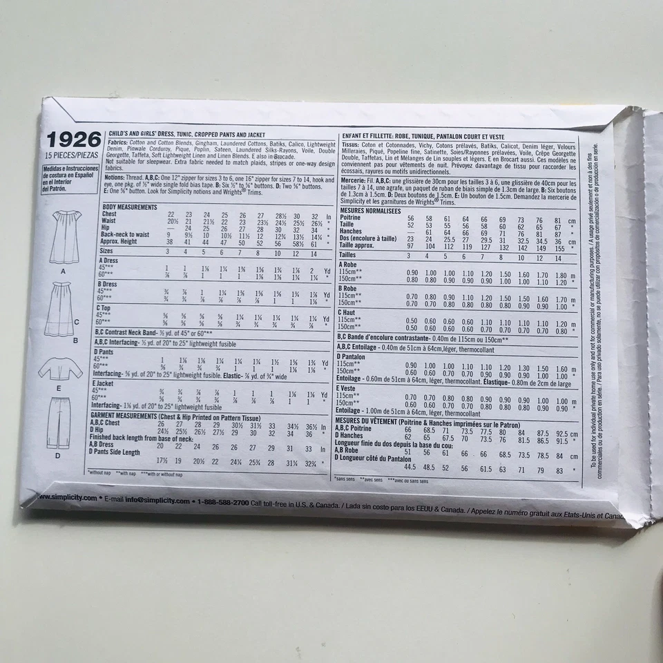 Simplicity 1926 Dress Tunic Pants Jacket Pattern Girls Sz 7 8 10 12 14 UNCUT BN - image 2 of 4