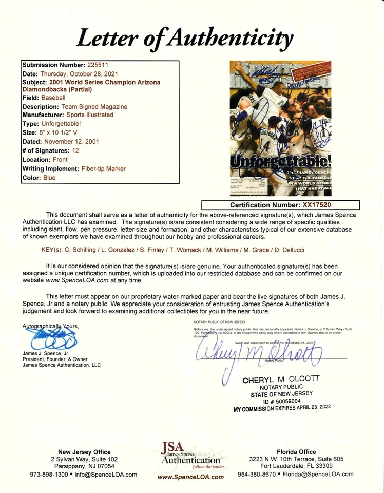 2001 Diamondbacks team signed SI Luis Gonzalez Grace Schilling Matt Williams JSA - Image 2 of 2