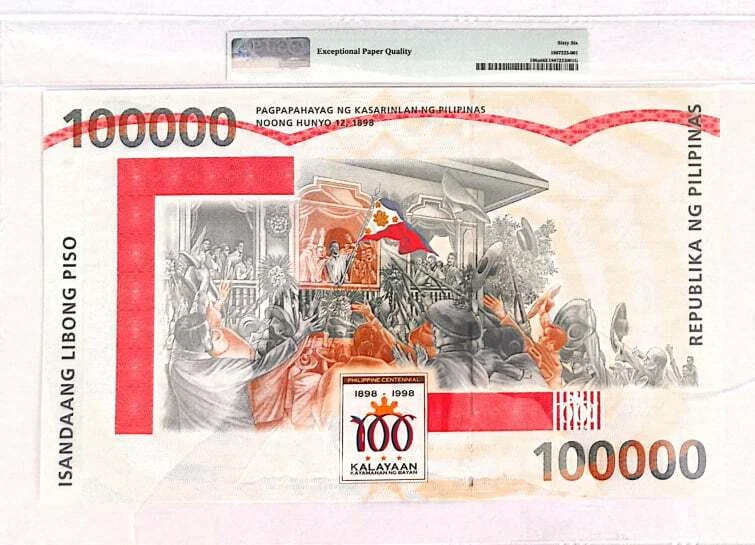 1998 PHILIPPINES 100000 PISO PESO COMMEMORATIVE PMG 66 EPQ GS 0819 - Image 2 of 2